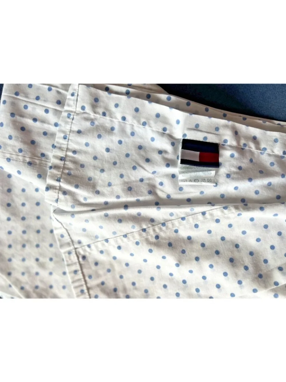 Tommy Hilfiger TWIN Flat Sheet White Blue Dots Cotton Blend Cottage Bedding NICE